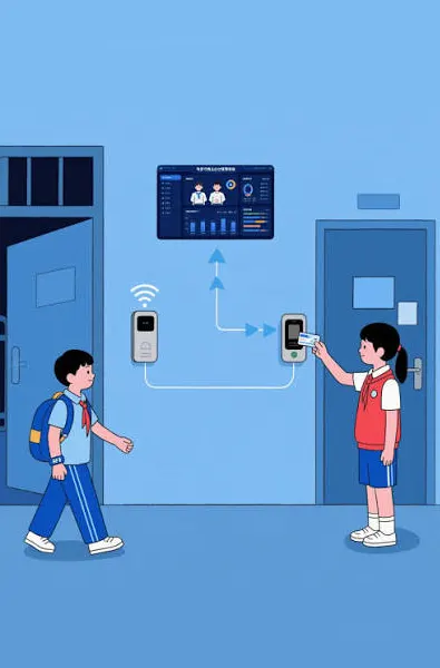 Students entering the school by tapping RFID cards while teachers and administrators are keeping track of attendance via a digital dashboard in a modern Malaysia school environment