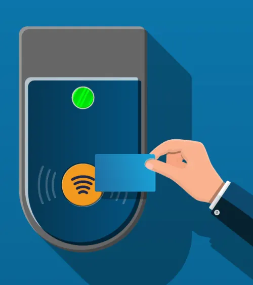 Student using RFID card to access a secure school entrance.